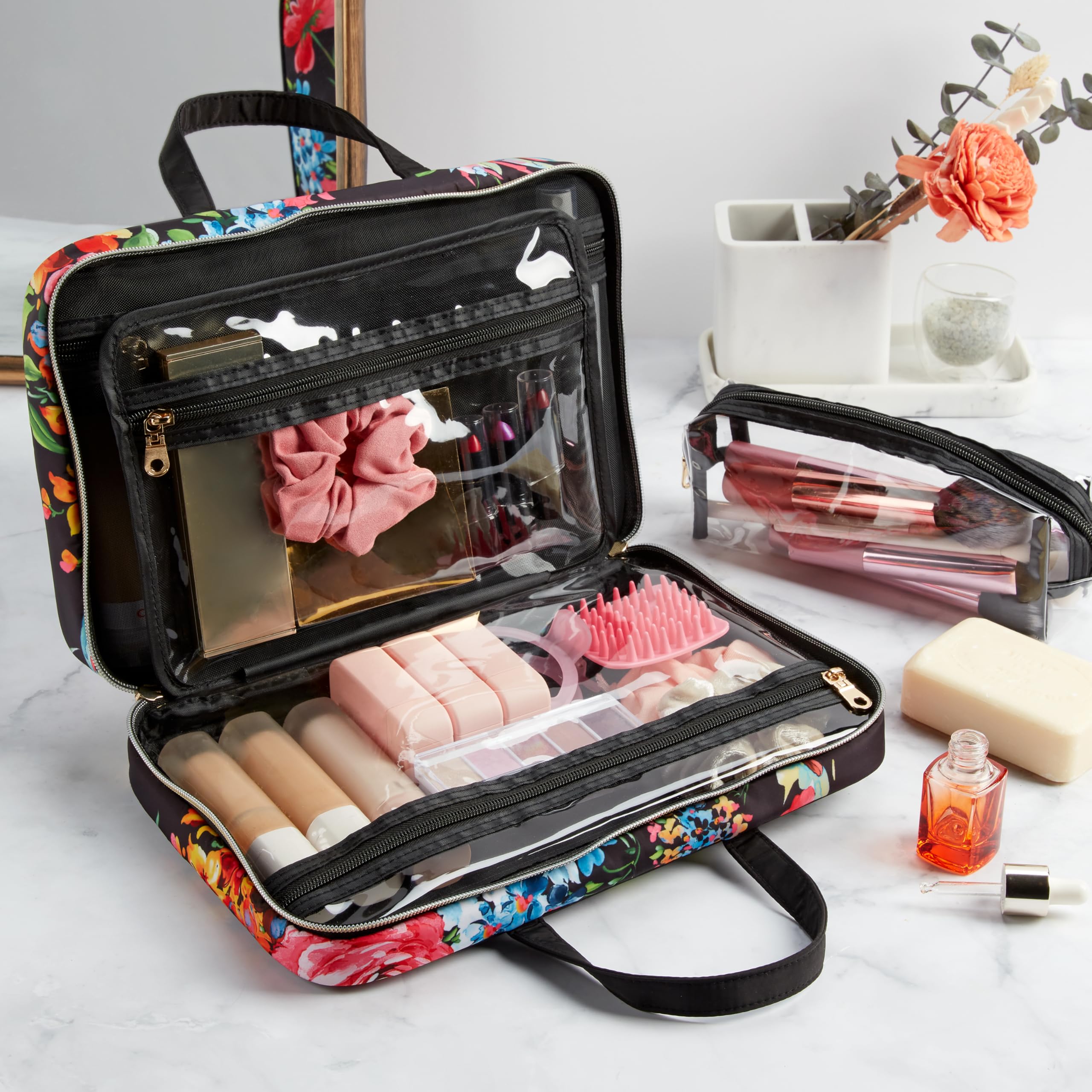 Conair Weekender-Toiletry Travel Bag-Makeup Organizer, Black Floral, 1 Count (Pack of 1)