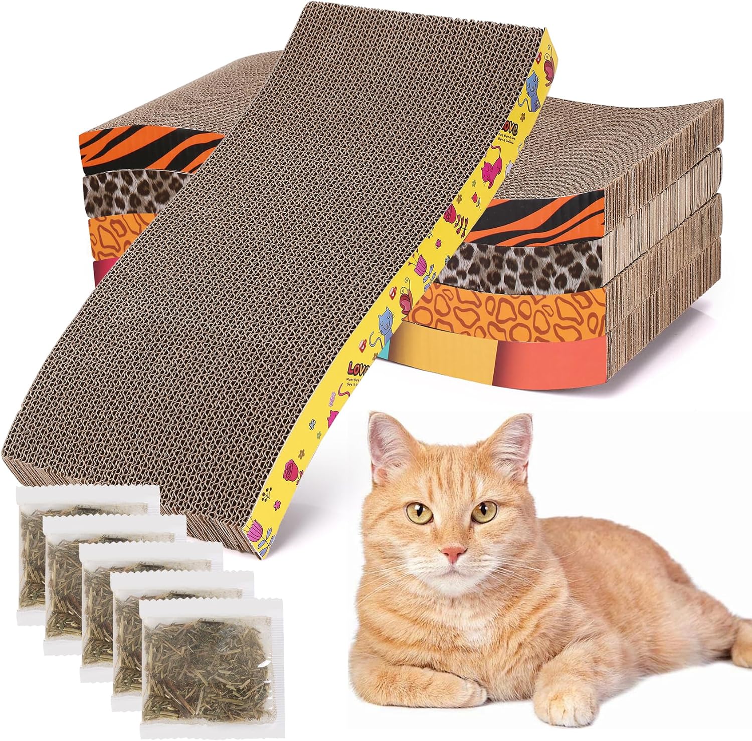 5 Pcs Multicolor Printed Cat Scratcher Pads with Catnip – Eco-Friendly Corrugated S-Shape Scratch Boards, Reversible, Heavy Duty for Indoor Cats & Furniture Protection