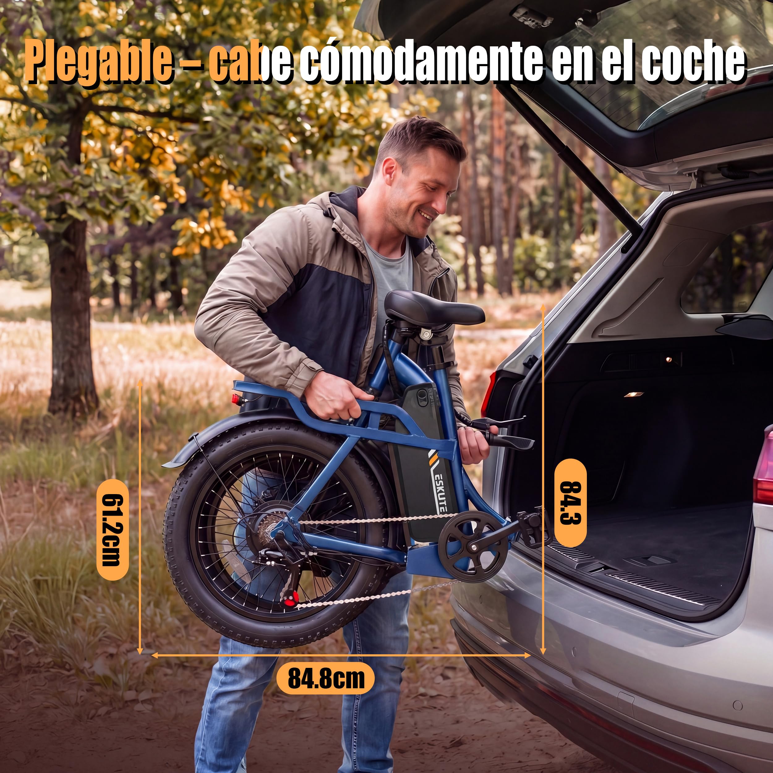 ESKUTE Bicicleta Eléctrica Plegable para Adultos D202 Pro, Fat Bike 20×4.0 con Cesta Delantera, Batería Extraíble 48V 20,8Ah, Motor 250W, hasta 100KM