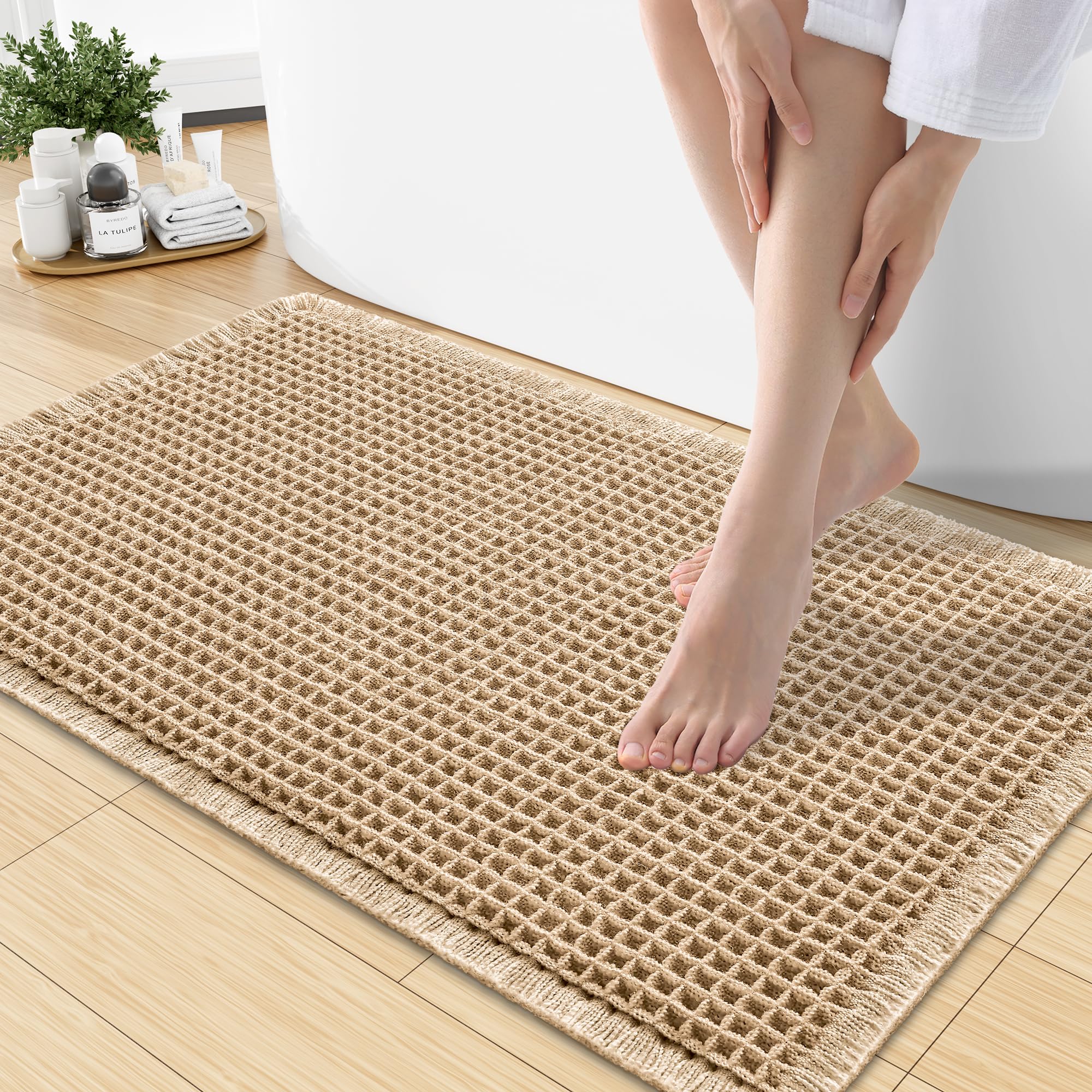 Photo 1 of Smiry Waffle Bath Mat 30x18, Extra Soft Absorbent Bathroom Rugs, Non Slip Machine Washable Quick Dry Bath Rugs for Bathroom Floor, Tub, Shower, Home Decor Accessories, Brown