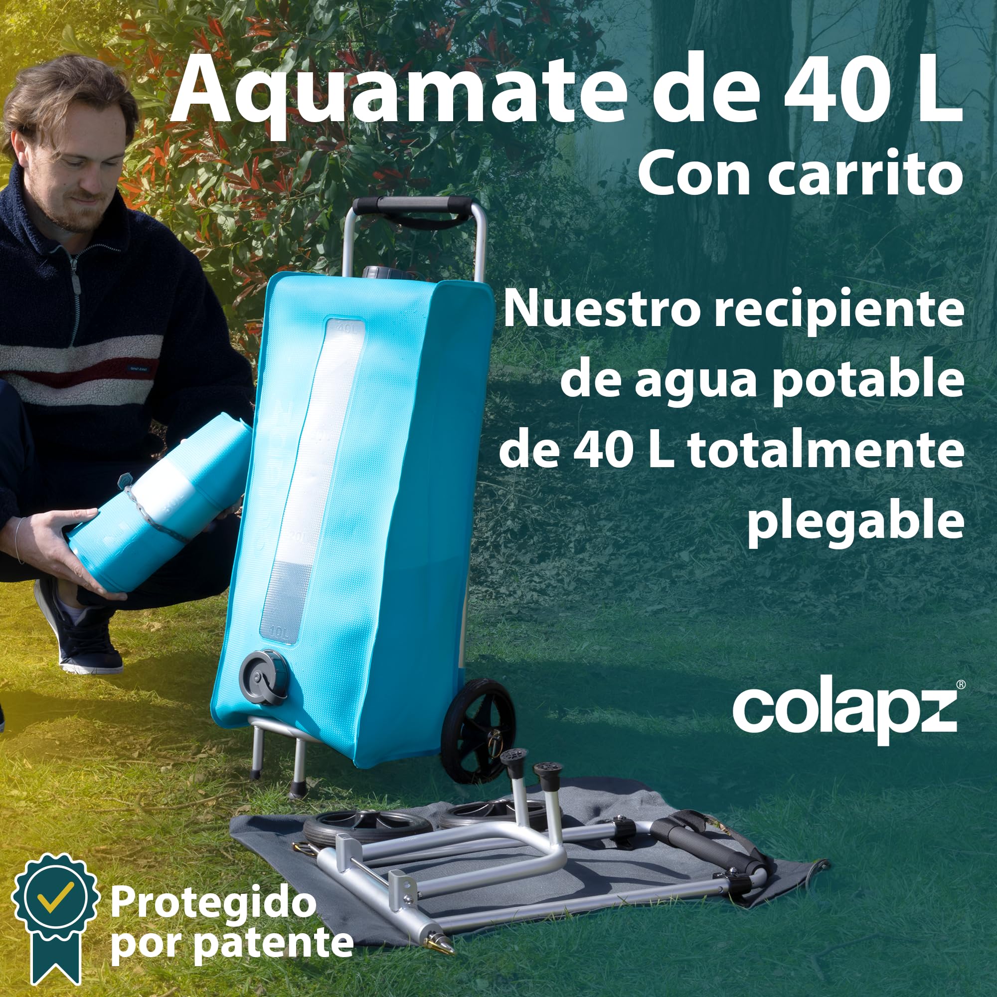 Colapz Aquamate - Transportador de agua dulce con carrito de 40 l, contenedor de agua que ahorra espacio para caravanas y autocaravanas, sin BPA, compatible con Flexipipes