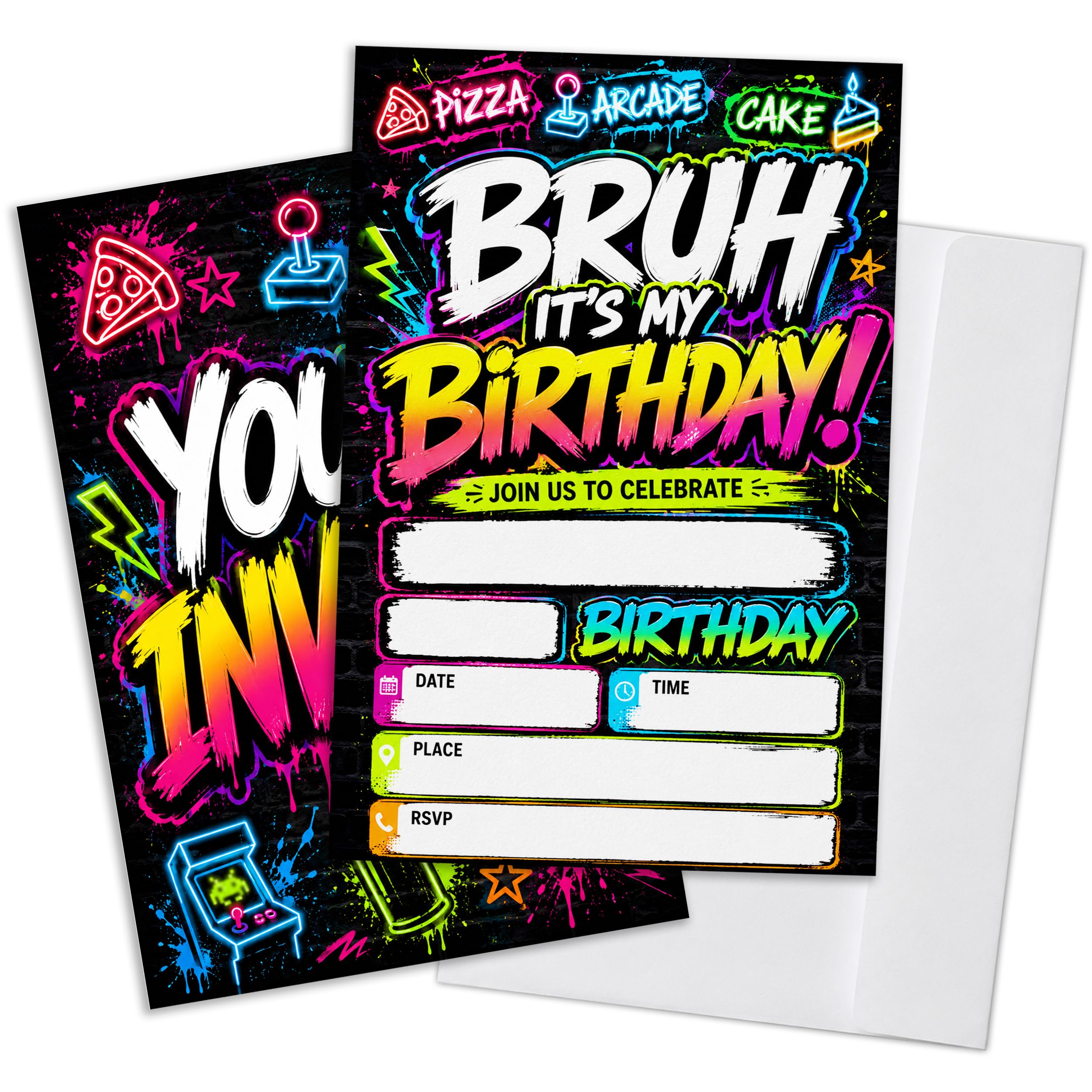 Qoamp Neon Bruh Birthday Party Invitations for Boys, Games Style Boys Birthday Invitations, Set of 20 Invites Cards Fill in Blank with Envelopes, Double Sided, 4x6 Inches