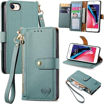 Zipper Wallet Case for Apple iPhone SE 2020 / SE 2022 5G / iPhone 7 / iPhone 8 Phone Case with Purse Card Holders RFID Blocking Leather Flip Case Book Cover Wrist Strap Women - Green