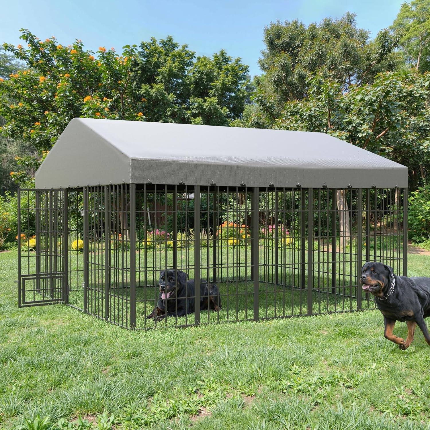 10X10X6.25 FT Large Outdoor Dog Kennel,Dogs Run Enclosure with Feeding Door,Heavy Duty Outdoor Dog Crate with Double Lock & UV-Resistant Waterproof Roof
