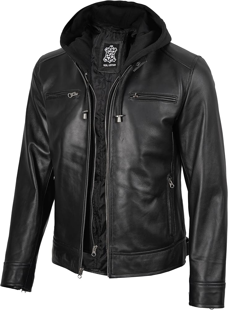 ジャケット・アウター garedia pig leather hoodie size M Black Leather Jacket Mens - Cafe Racer Hooded Lambskin Leather