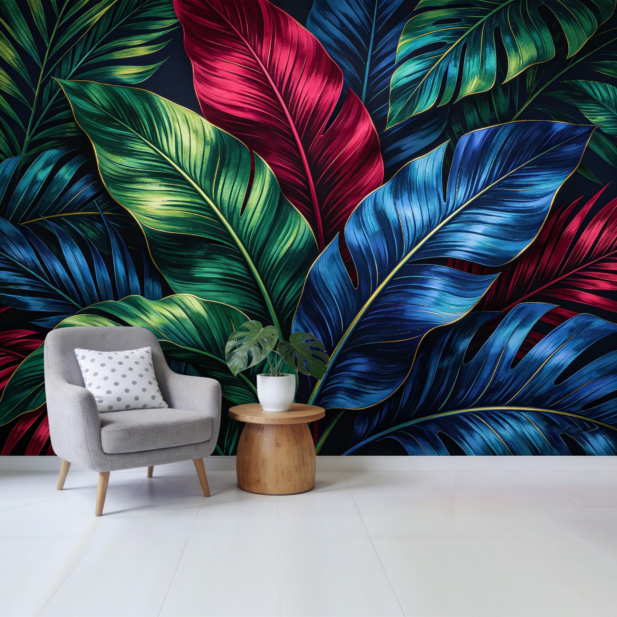 Qzlithotic Yq2605250920 Custom Size Wall Mural Dark Tropical Botanical Leaves Vibrant Blue Red Foliage Modern Style Selfadhesive Wall Fabric Removable Wallpaper For Home Office Decor