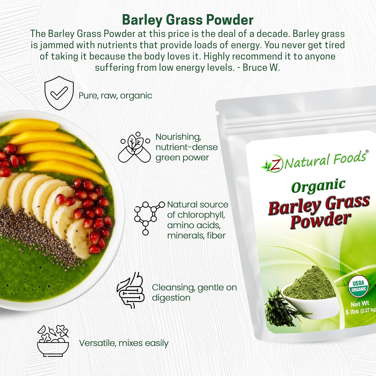 Z Natural Foods Organic Barley Grass Powder - USDA Organic Whole Food Green Blend for Energy Boost, Detox & pH Balance with Amino Acids, Minerals - Antioxidant Mix for Juice, Water, Smoothies, 5 lbs