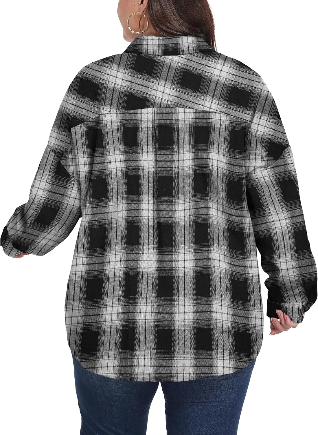 OLRIK Womens Plus Size Plaid Shirts Lightweight Flannel Long Sleeve Collared Button Down Blouse Oversized Shacket Coat - Image 4