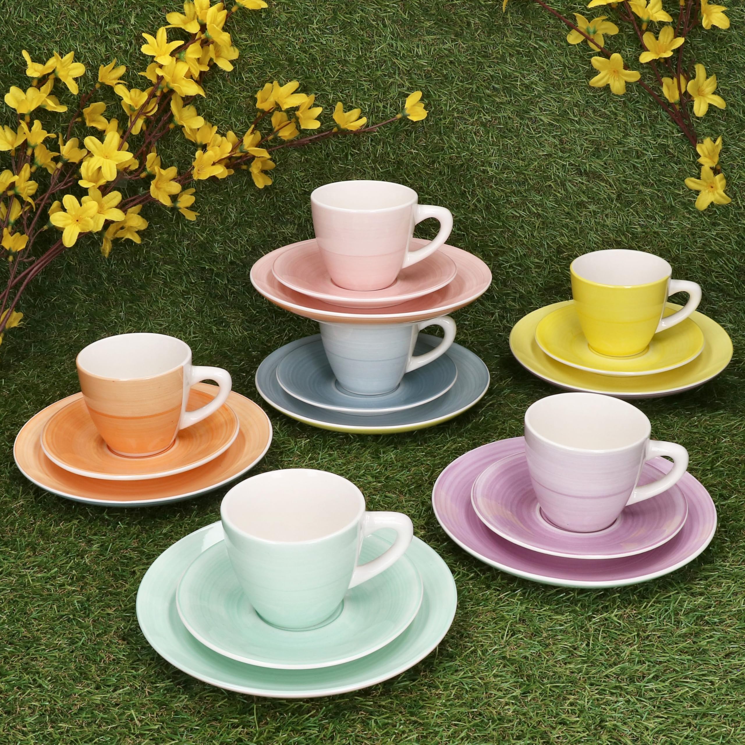 MamboCat Spring 18tlg Kaffeeservice I Steingut Geschirr Set I je 6X Bunte Kuchenteller, Untertassen & Tassen 160ml I Gelb, Orange, Rosa, Lila, Mint & Blau I Kaffee & Kuchen