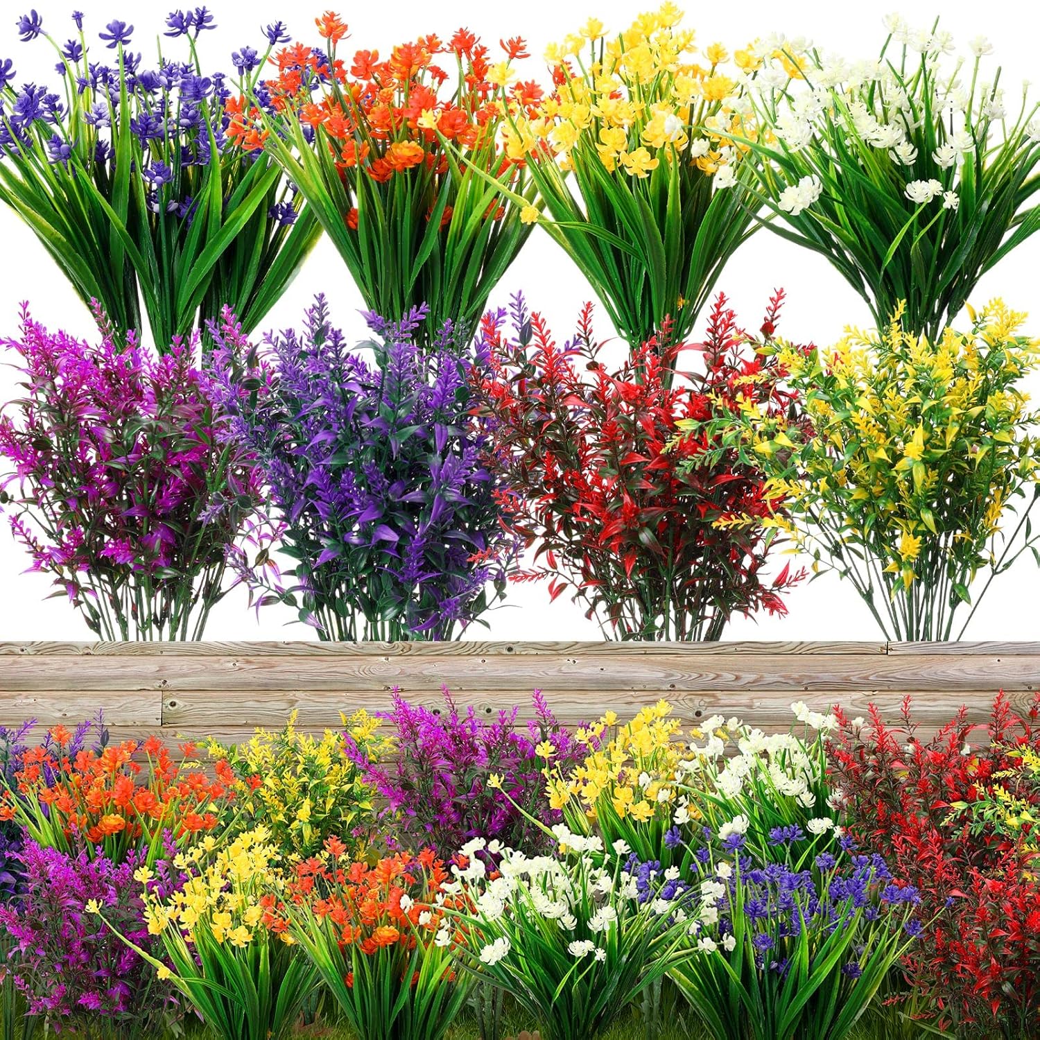 Zeyune 24 Bundles Realistic Artificial Flowers for Outdoor, 8 Color, No Fade Fake Plastic Flowers Plants for Decoration Hanging Planters Indoor Outside Garden Porch Window Home Farmhouse(Elegant)