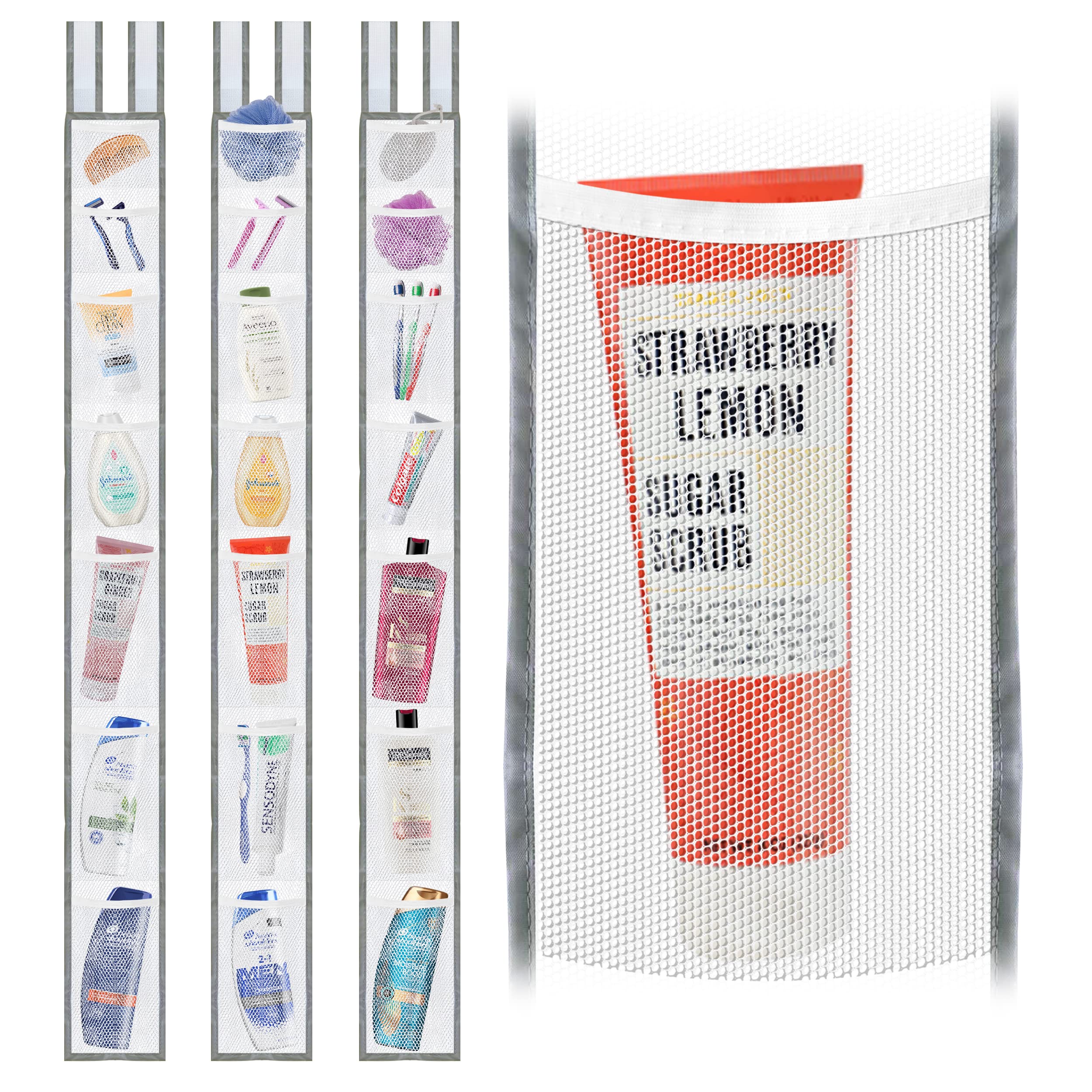TidyFriend Mesh Shower Caddy Hanging 60 x 6 Inches, 3 Pack Mesh Hanging Organizer With 7 Pockets, 100% Polyester, Adjustable Velcro Strap or Hook
