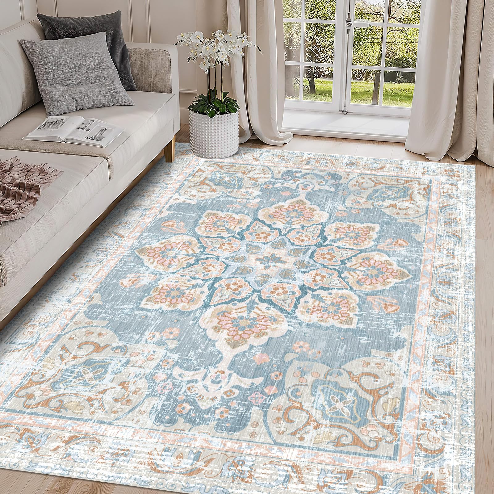 Vhong Washable Area Rugs Boho Vintage Neutral Modern Pale Blue 5x7 Non Slip Carpet for Living Room Dining Room Bedroom