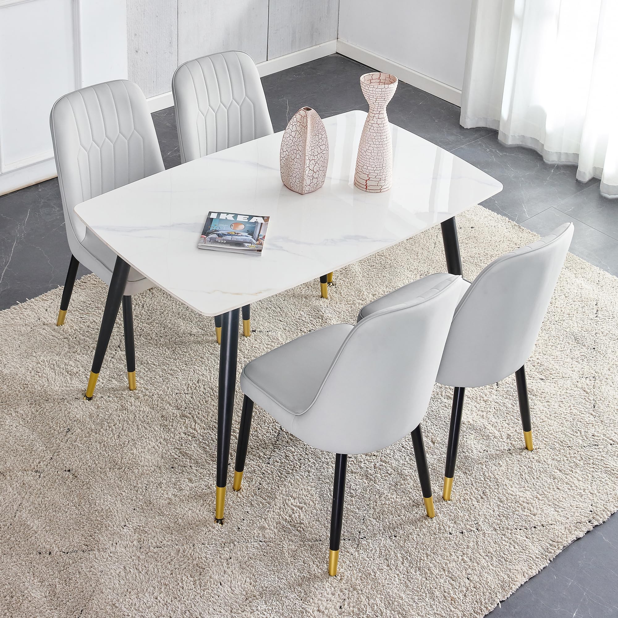 Marble Dining Table Set for 4, 50 inch Sintered Stone Faux Marble Kitchen Table and Chairs Set of 4 Upholstered PU Leather Chair, 5 Piece Modern Dining Room Table Set for Kitchen, Office,Apartment