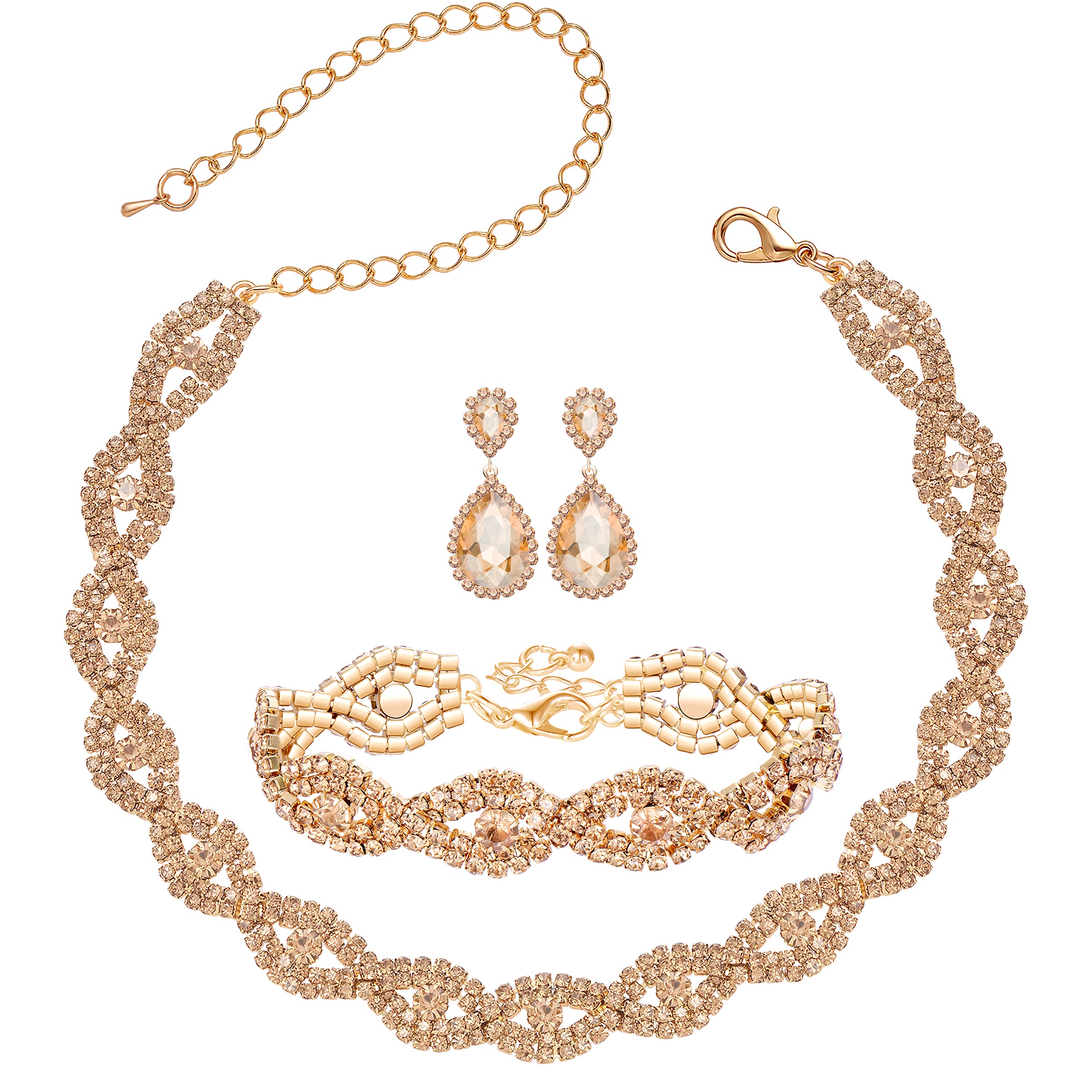 3/4 Pieces Women Jewelry Set Rhinestone Crystal Bride Statement Choker Necklace Tiara Crown Link Bangle Bracelet Teardrop Dangle Earrings Set for Wedding Party, Metal, Rhinestone