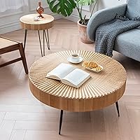 Vista 1 de LONYKE Juego de mesa de centro estilo granja de 2 piezas, redonda con patrón radial de madera artesanal, juego de mesa de café moderna para sala