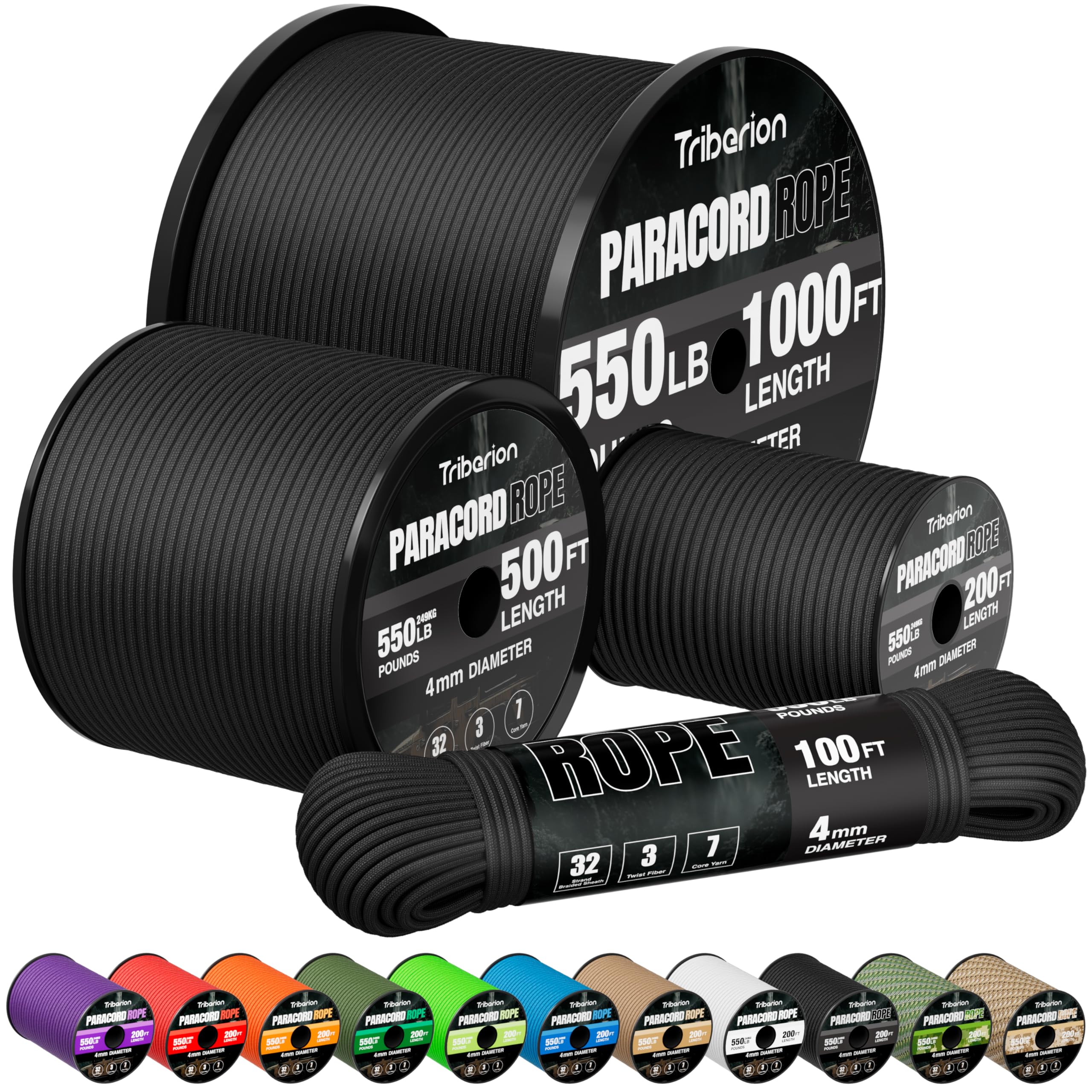 Triberion Paracord Rope 550 lb Black 200ft