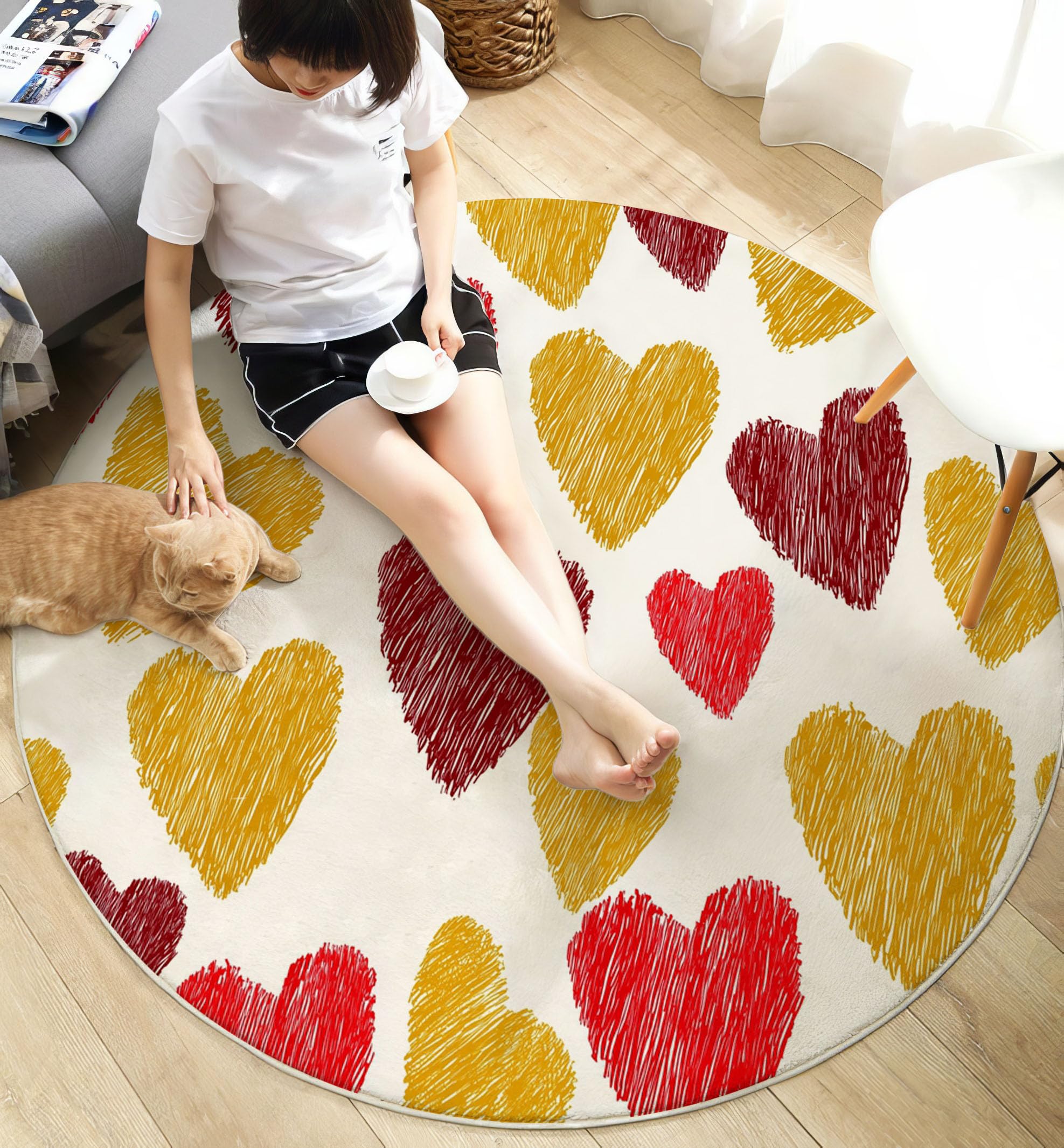 Teppich Rund 120cm Buntstiftmalerei rutschfest Teppiche Liebe Herz Clipart Waschbar Wohnzimmerteppich Kurzflor Weich Runder Teppich Senfgelb for Schlafzimmer Studie Heimbüro