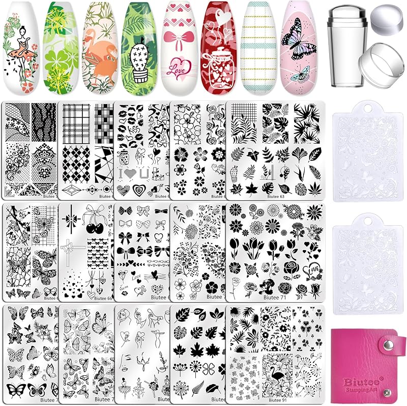 Biutee Nail Stamping Plates Set, 15PCS Nail Stamper Kit Lace Nail Stamp | Stamper, 2pcs Scraper & Storage Bag, Nail Art Stamping Plates Butterfly Star Flower Leaf Bowknot Design Nail Stamping Kit