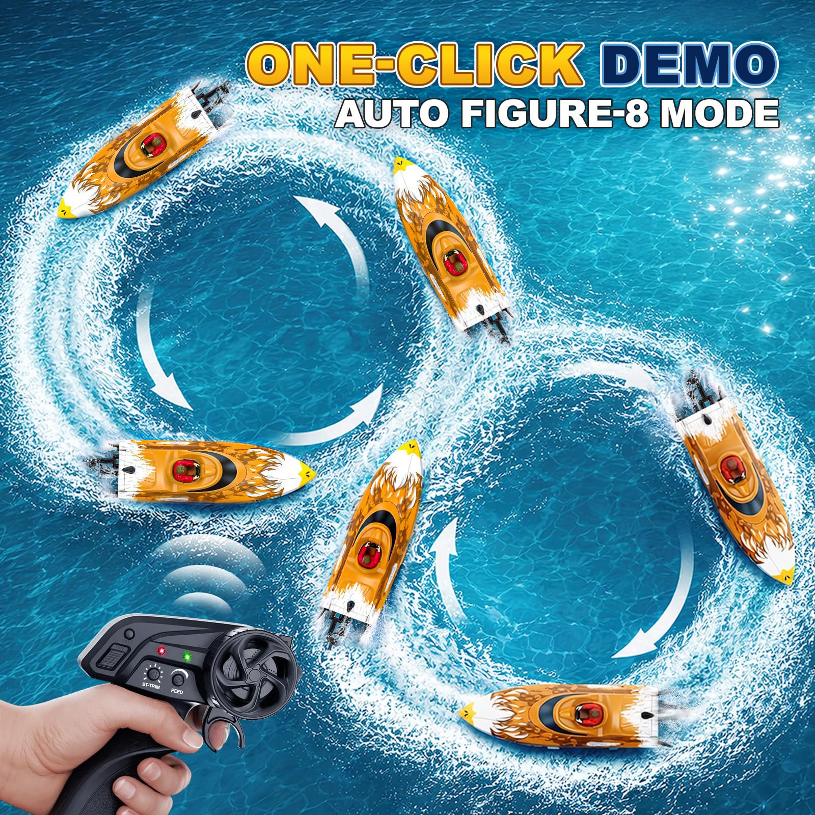 YESHIN Barca radiocomandata autoregolante per bambini 8-12 e adulti, 25 KPH veloce RC Speed Boats con luci LED, allarme batteria scarica, 2,4 GHz, giocattolo da corsa impermeabile per piscina e lago
