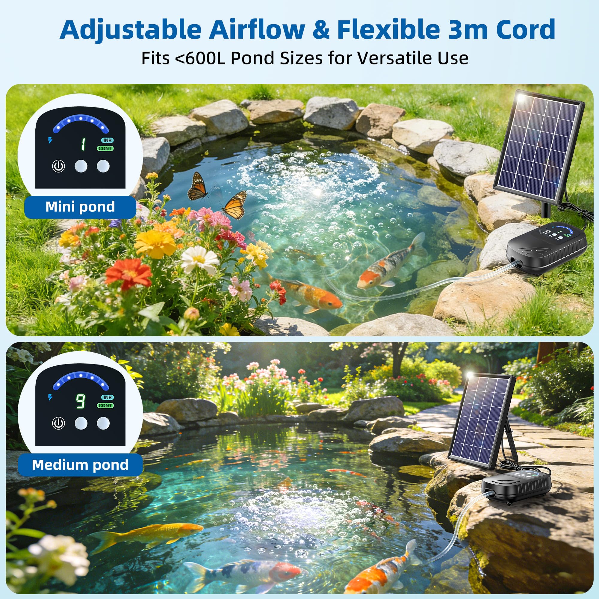 Biling Solar Pond Aerator, 4W Solar Pond Air Pump with 2600mAh Battery for Small Garden Ponds (≤5㎡) Fish Tank Hydroponic, with Digital Display, 2 Modes, 3m Aeration Tube, 3 Air Stones — view 6