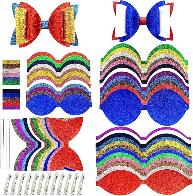 AOUXSEEM 12 Set Faux Leather Hair Bows DIY Making Kit for Beginners, Shiny Superfine Glitter Fabric Pre Cut Pieces with Spring Clips for Women Girls Fashionable Hair Clips Gifts