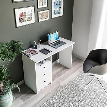 Komto Computer Desk with Drawers – 110x50cm White Desk with Storage, Compact Work Table for Home Office