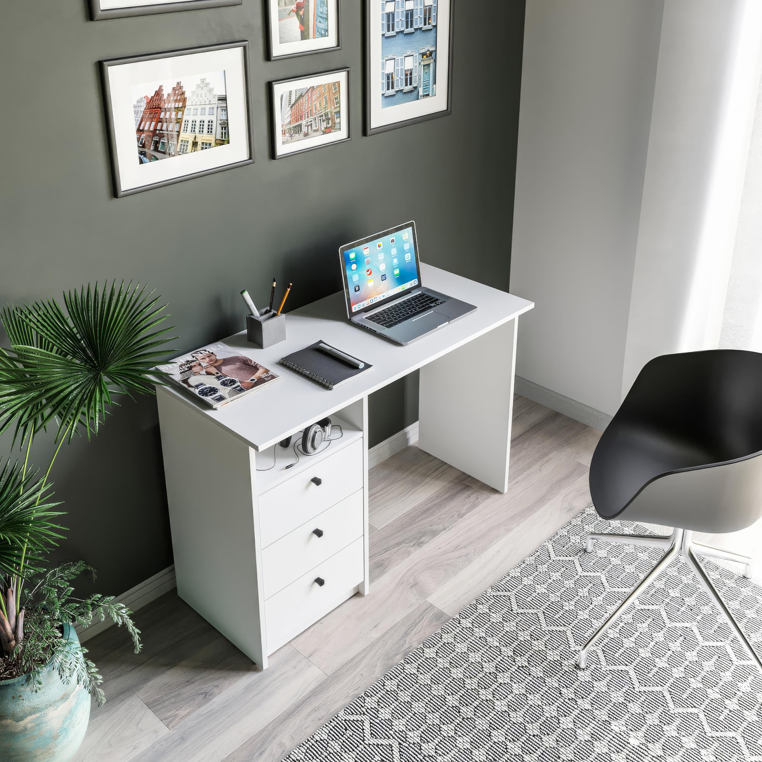 KOMTO Oslo - Scrivania con cassetti, scrivania da ufficio, piccolo tavolo da lavoro, scrivania per bambini, con spazio di archiviazione, colore bianco, 110 x 50 x 74 cm