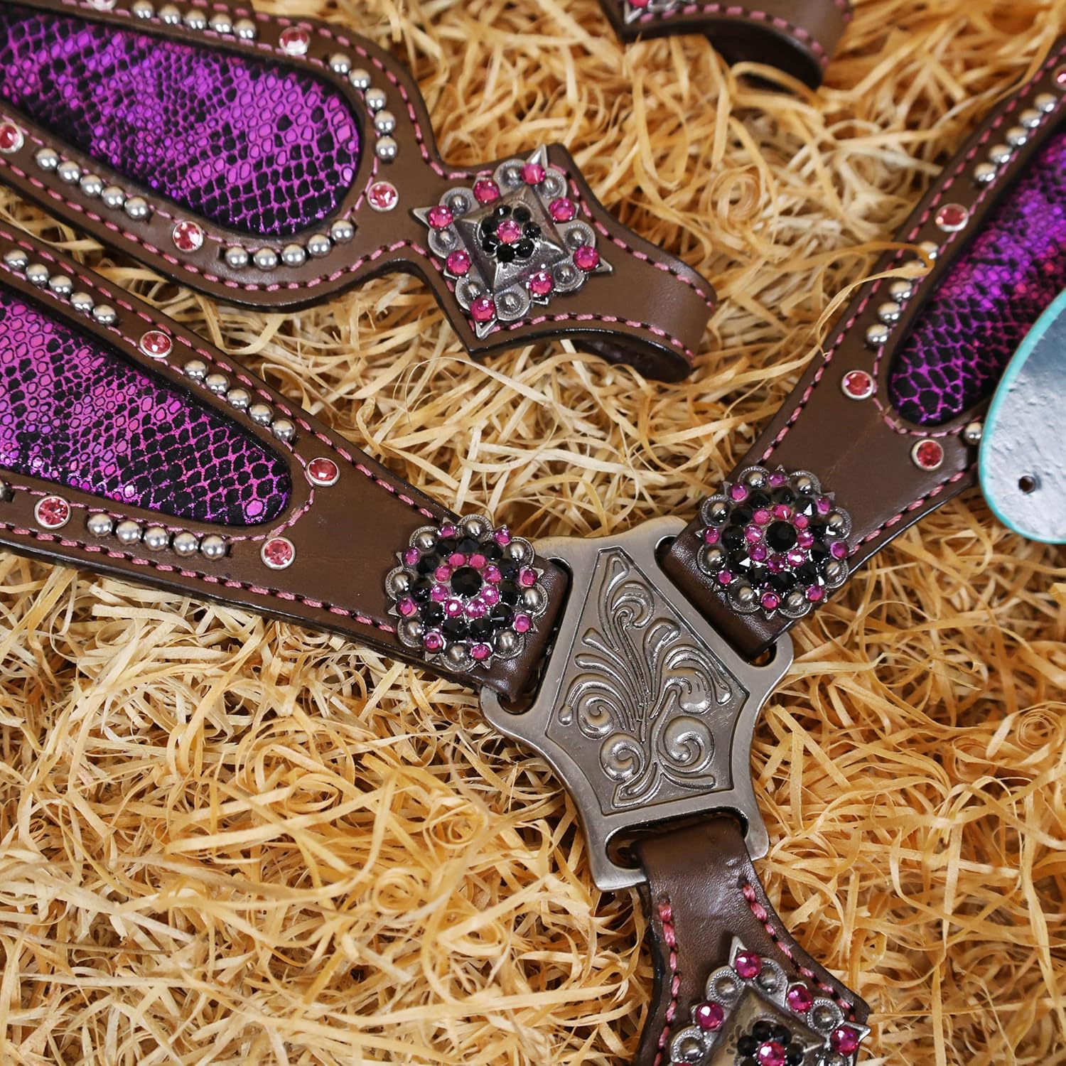 Headstall and Breast Collar Tack Set with Pink Snake Texture Leather, Nickel Studs, and Pink Rhinestones – Perfect Valentine's Day Gift for Equestrian Lovers