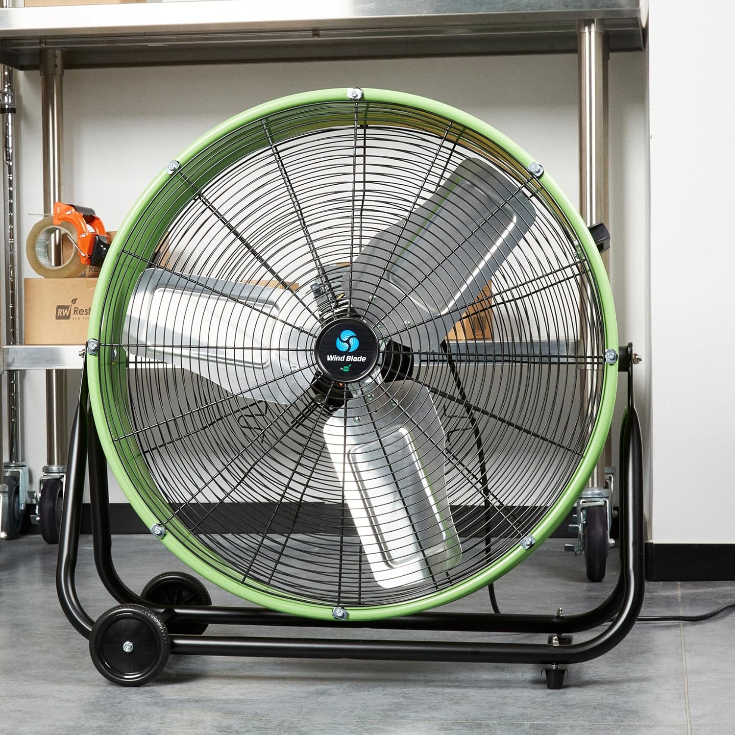 Restaurantware-Wind Blade 24 Inch 7700 CFM Industrial Fan, 1 Heavy Duty Floor Fan - 3-Speed, High Velocity Motor, Black Metal, Portable, Adjustable Height, For Warehouse Or Garages
