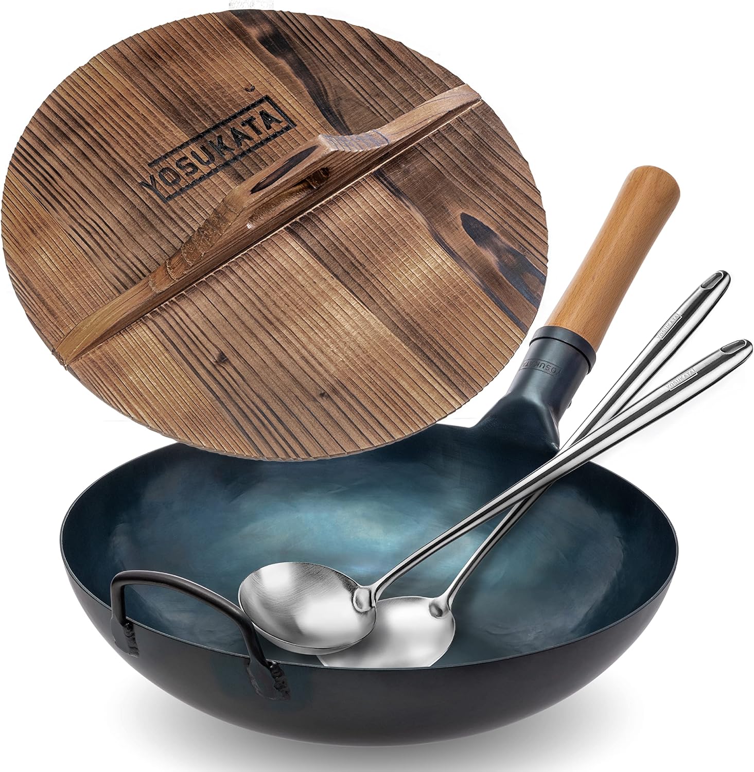YOSUKATA 13.5” Blue Carbon Steel Wok Pan + Pre-Seasoned Blue Carbon Steel 17-inch Spatula and Ladle + Premium Wok Cover 13.5 inch Pan Lid - Thumbnail 3