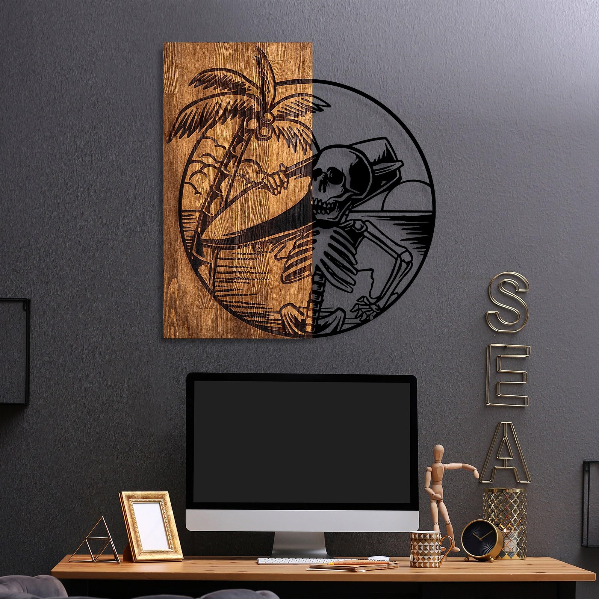 Elegant Decorative Wooden Wall Accessory, 53 x 57 cm, 100% Real Wood (3 cm) & Metal (1.5 mm), Unique Walnut & Black Finish, Perfect for Home Decor