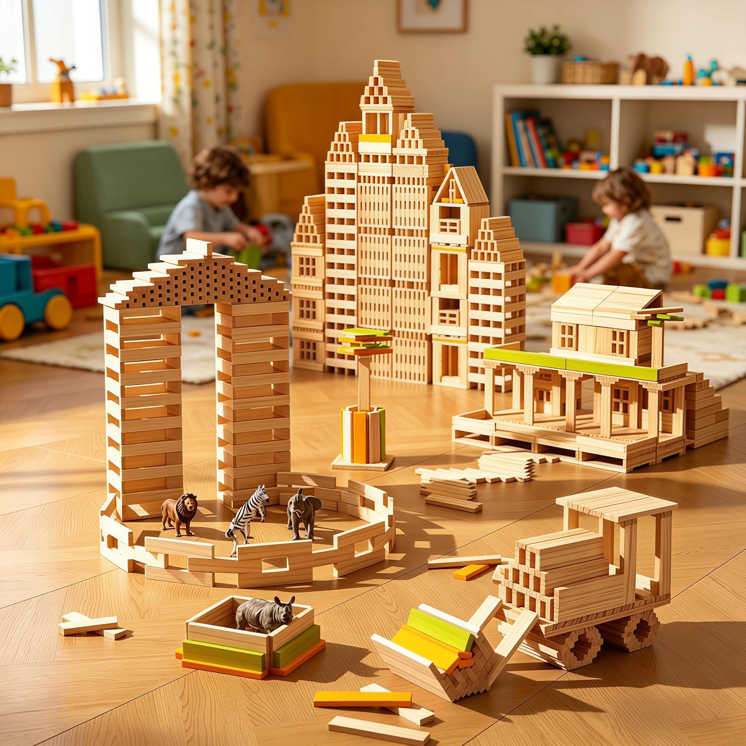 Premium 300 Pcs Natural Wooden Building Blocks for Kids Ages 3-12,Pine STEM Construction Toy - Open-Ended Classic Building Blocks Set for Castles, Bridges & Towers, Educational Learning Gift (4.7 in)