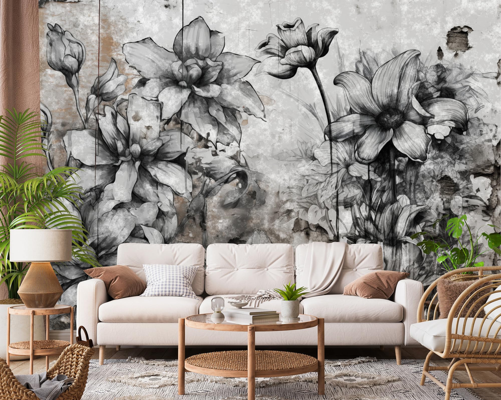 Muralo - Tapeta 3D na flizelinie - fototapeta z efektem 3D - tapeta do salonu, sypialni, tapeta ścienna - fototapeta - szare kwiaty o wyglądzie betonu - szer. 460 cm x wys. 300 cm