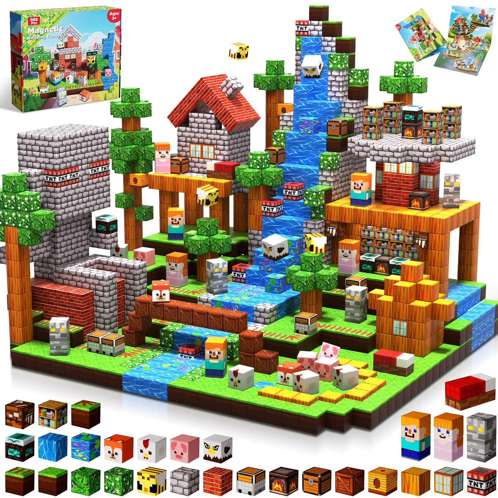 Goody King Costruzioni Magnetiche per Bambini 200 Pezzi - Blocchi Magnetici con Tema Prateria - Animali e fiumi - Magnetic Building Blocks Giocattoli Montessori - Regali STEM per bambini 3-9 Anni