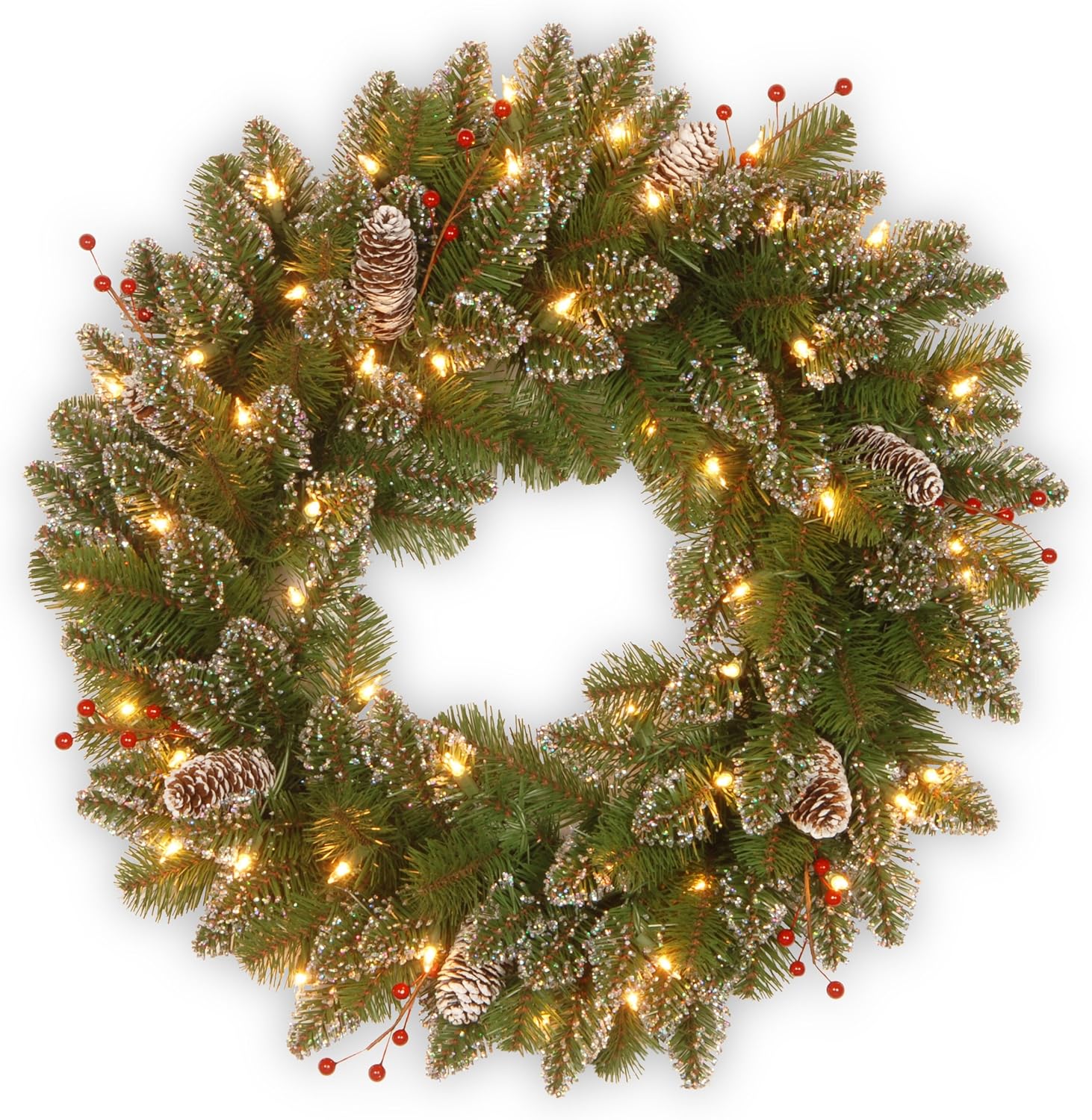 National Tree Company Pre-Lit Artificial Christmas Wreath, Green, Glittery Mountain Spruce, White Lights, Decorated with Pine Cones, Berry Clusters, Frosted Branches, Christmas Collection, 24 Inches