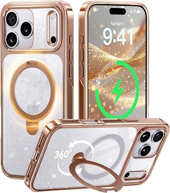 CASEKOO Rose Gold Pearl Sparkle 360 Spin Magnetic Stand for Glossy iPhone 17 Pro Case for Women, Fit for MagSafe, 17FT Drop Protection, Chic Design for 17 Pro Case with Stand, Sparkle Rose Gold