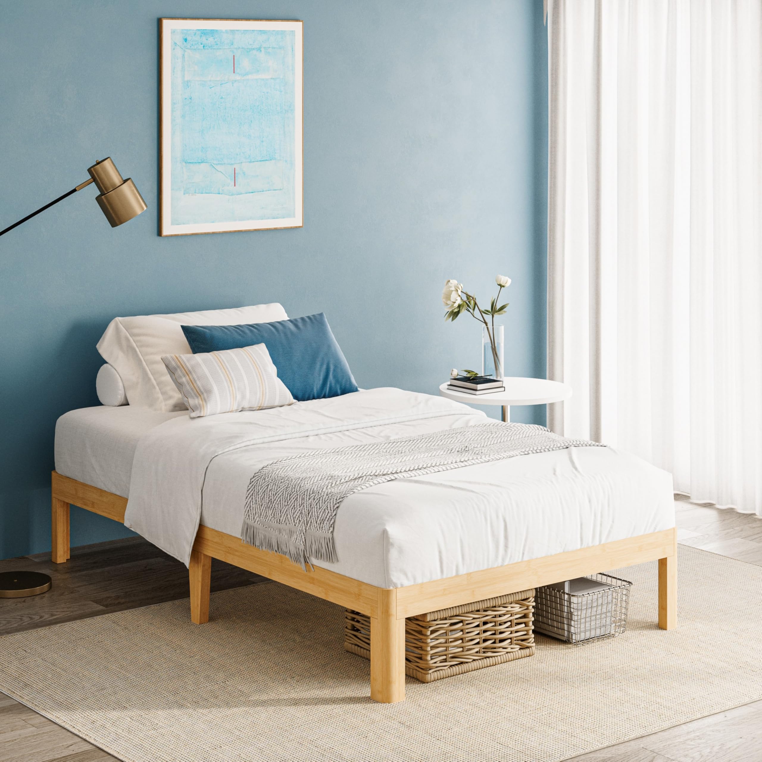QFtime Bamboo Wood Single Bed Frame, Platform Bed Frame Single with Metal Slats Support, Easy to Install, Noise Free, Sturdy, 30.5 cm High