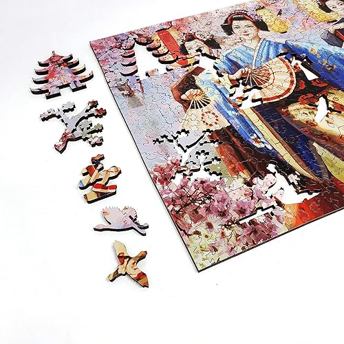 Miniatura 4 de Rompecabezas de madera para adultos, piezas de forma única, fabricado en Estados Unidos por FoxSmartBox - 437 piezas - Festival de flores de Sakura