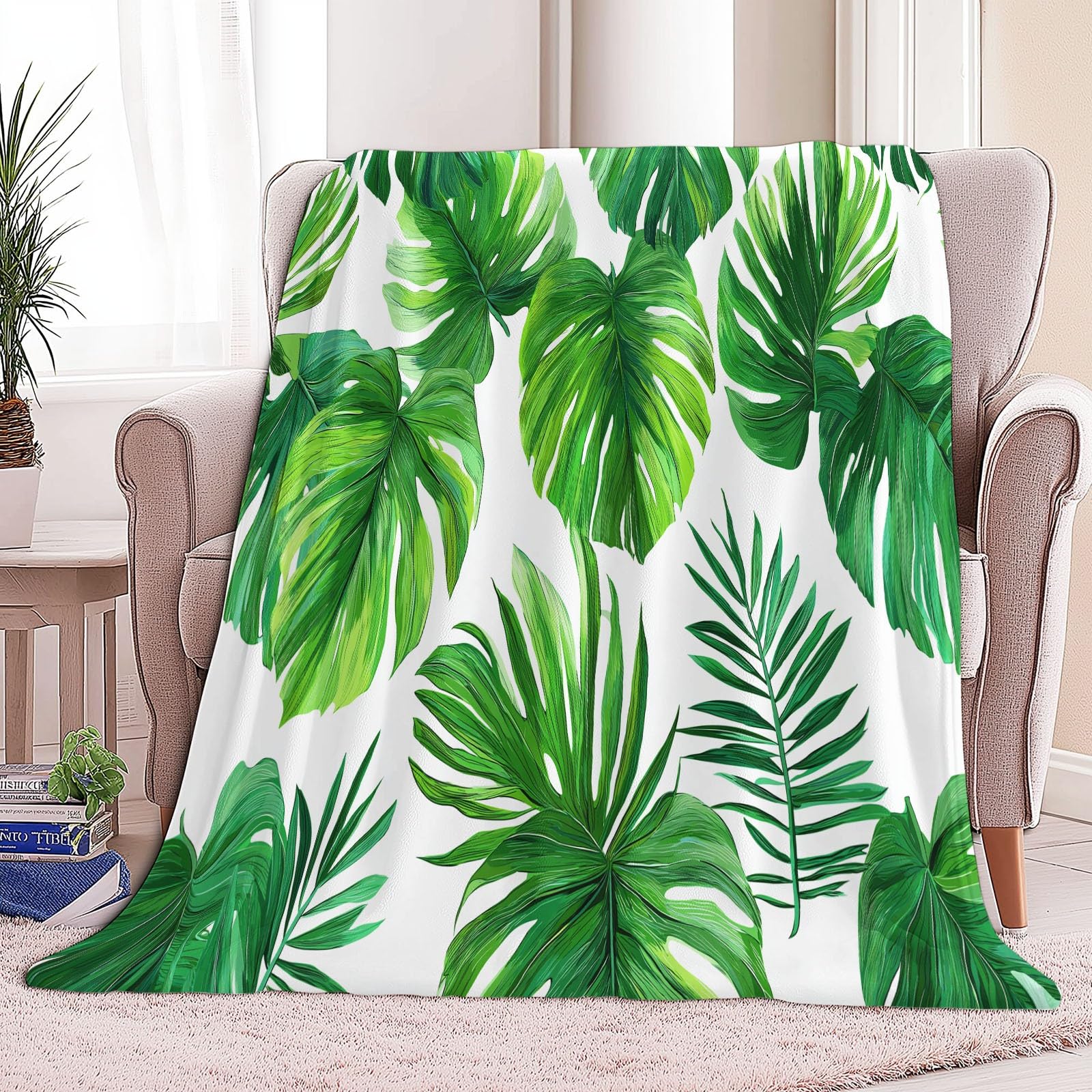 Koc Sherpa 150 x 200 cm liście palmowe z motywem natury pled ciepły i wygodny, puszysty i miękki koc zielony, dwustronny, przyjazny alergikom, na krzesło sofa łóżko biurowe
