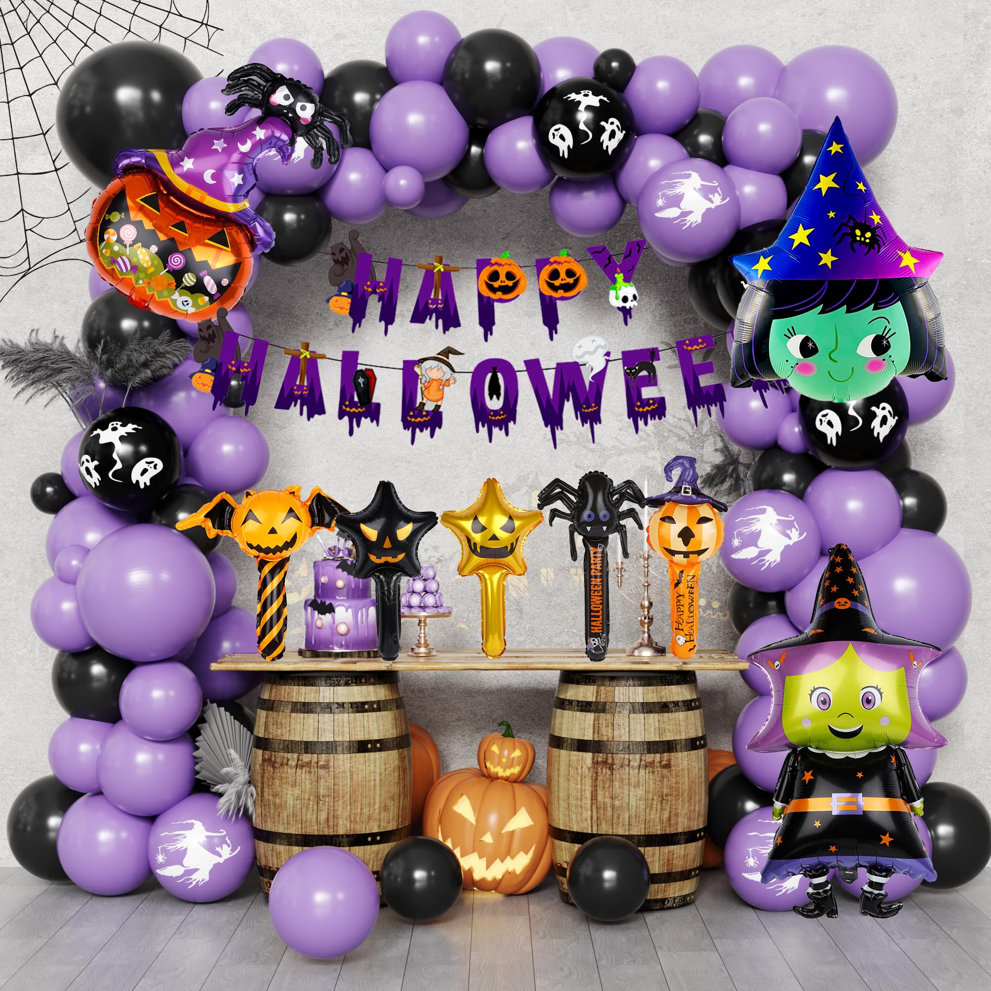 2025 60 Halloween Balloon Decorations, Purple Latex Balloons, Indoor and Outdoor Halloween Party Decorations, Purple Witch Aluminium Foil Balloons