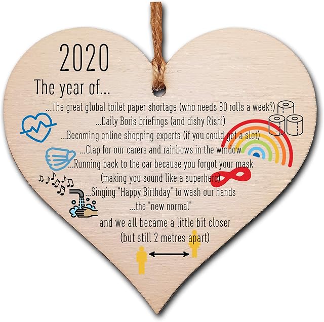 The Plum Penguin Handmade Wooden Hanging Heart Plaque Christmas Tree Bauble 2020 Year of Lockdown Funny Celebration Wall Hanger Decoration Family Friends