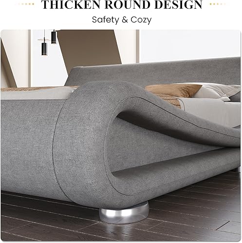 Miniatura 6 de SHA CERLIN Base de cama tapizada tamaño King, cama de trineo de perfil bajo deluxe con cabecera ergonómica de lino, no necesita somier y fácil