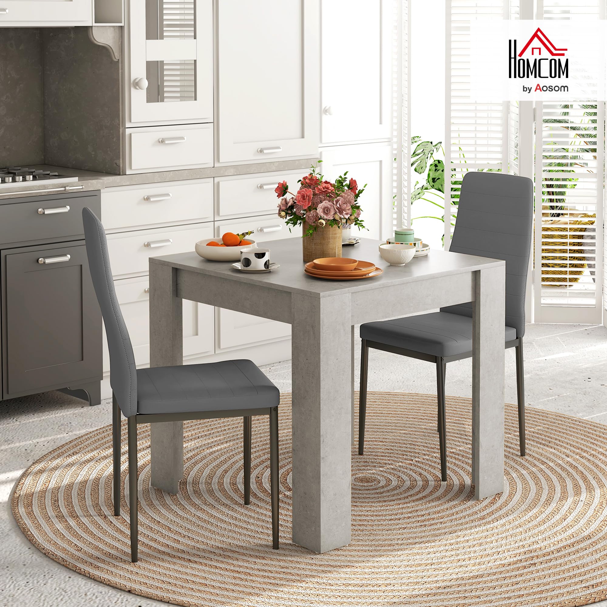 HOMCOM Set da Pranzo 3 Pezzi con Tavolo da Cucina 80x80x76 cm e 2 Sedie Moderne e Salvaspazio 41x50x97 cm, in MDF, Acciaio e Pelle PU, Grigio