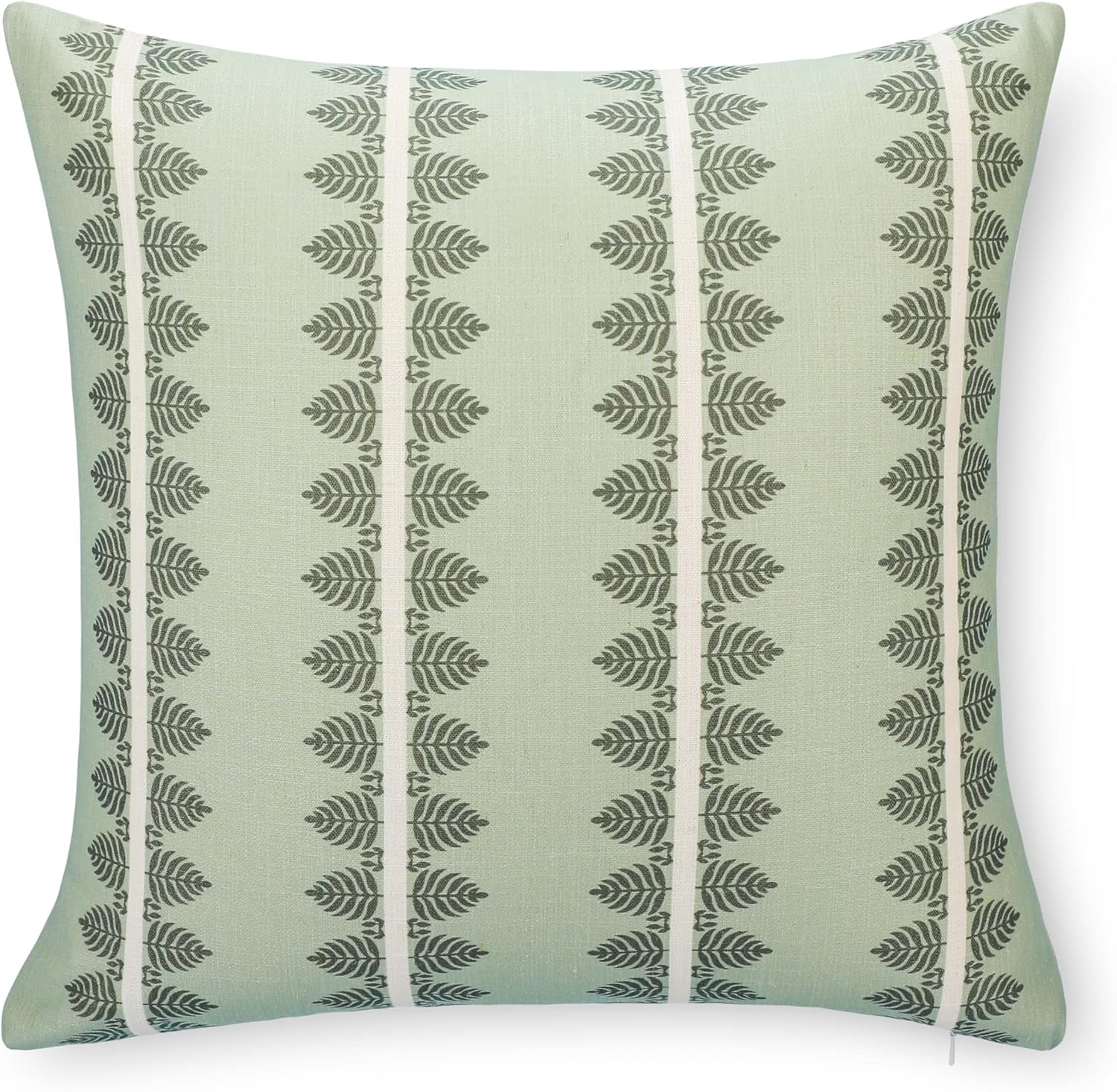 Crumbs Home California Casual Coastal Indoor Outdoor Throw Pillow Cover, 20"x20" Water Repellent for Patio, Backyard, Couch, Poolside, Olive Light Green Print Leaves Stripes