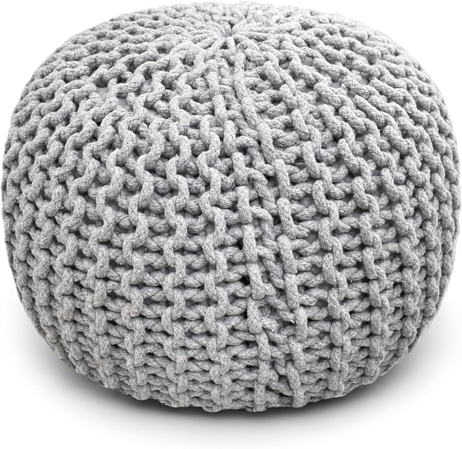 Palisa Round Ottoman Pouf Handmade Cotton Knitted Poof Bean Bag Filling | Boho Pouffe for Living Room & Bedroom | Foot Rest Poufs for Office Home Decor (Grey, 20" D x 20" W x 14" H)