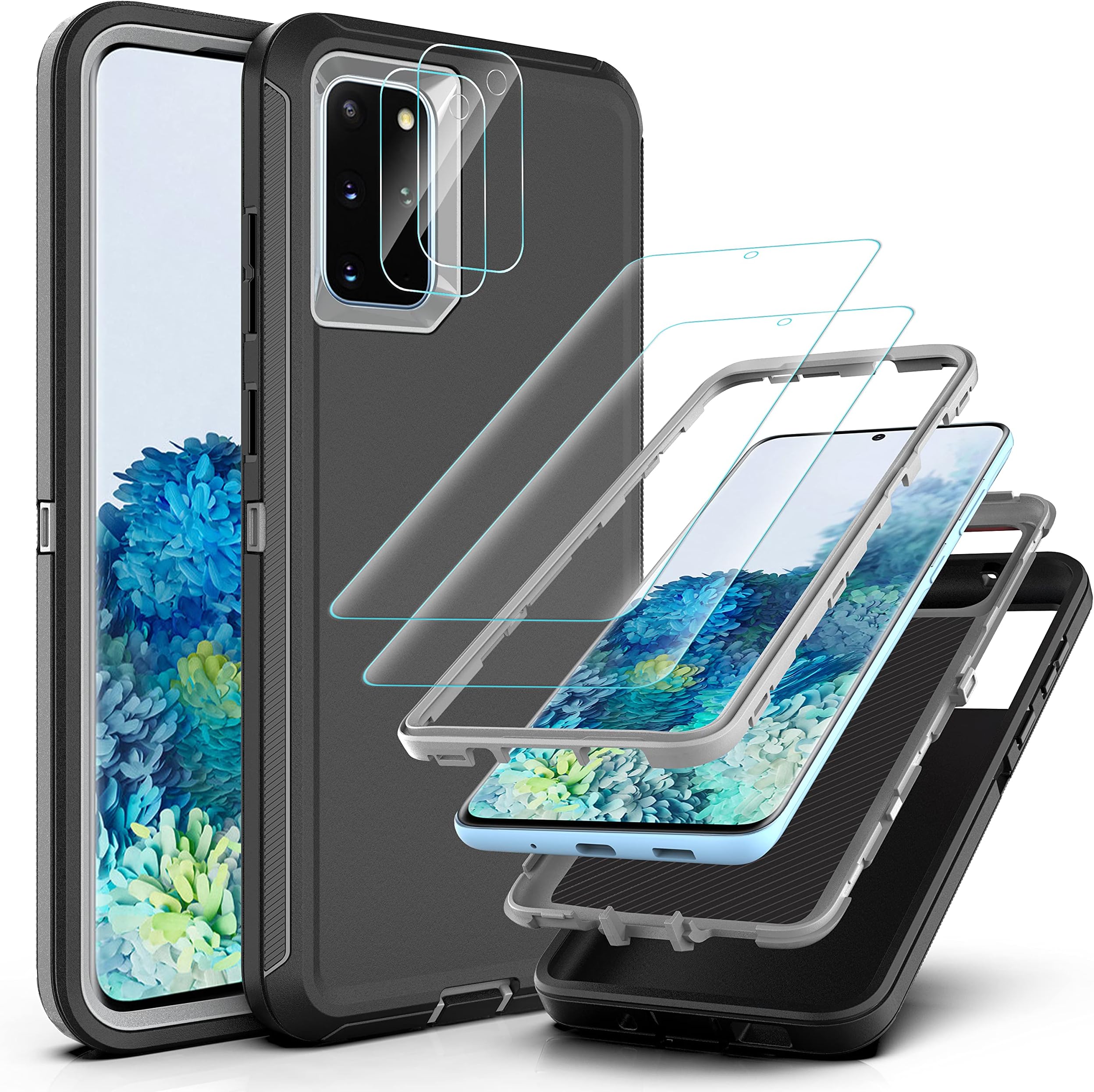 YmhxcYThree Layer Protection Series Case for Samsung Galaxy S20 Plus 6.7 inch,with [ Flexible TPU Film and Camera Lens Film] 2 Pack Shockproof, Drop Proof, Ultra-Rugged Case-Black and Grey