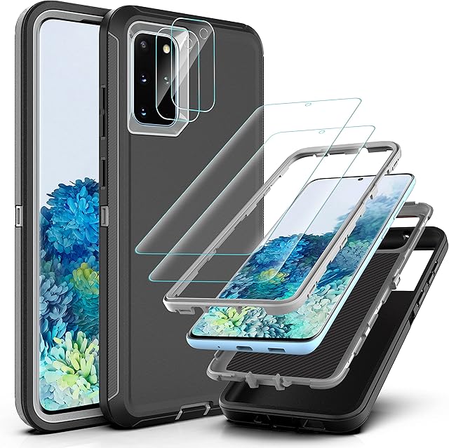 YmhxcY for Galaxy S20 Plus Case with Self Healing Flexible TPU Film[2 Pack] and Camera Lens Screen Protective Film[2 Pack],Heavy Protection Cover For Samsung Galaxy S20 Plus-Black/Grey