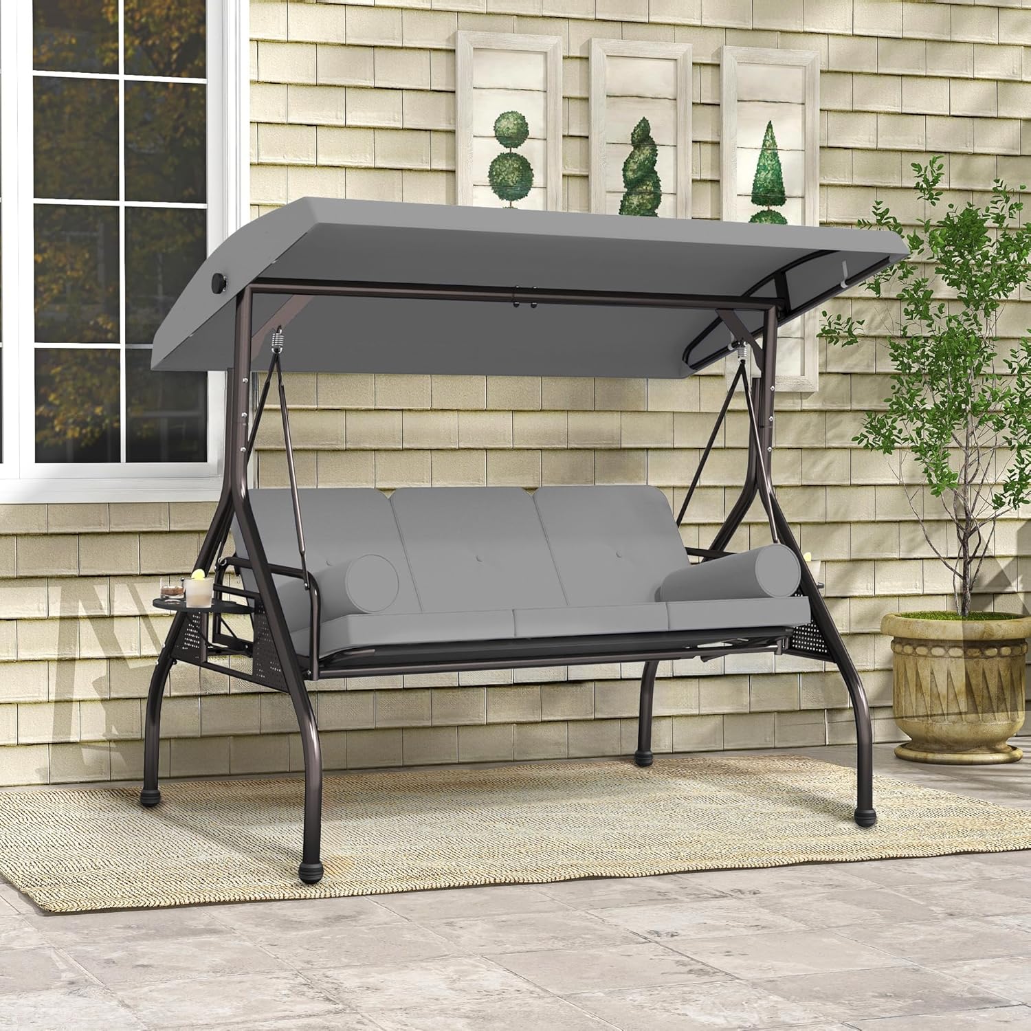 SUNCROWN Outdoor 3 in 1 Porch Swing Chair, 3 Seat Patio Swing Glider with Adjustable Canopy, Heavy Duty Swings with Thickened Cushions, Pillows & Cup Holders for Backyard, Porch, Garden,Grey