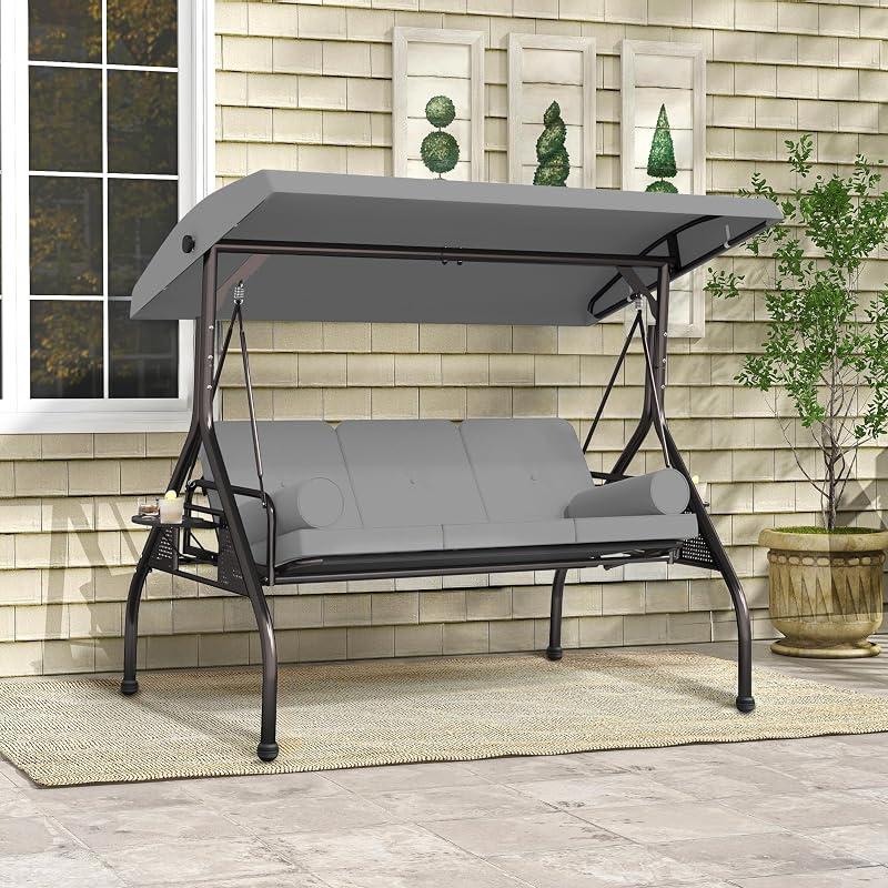 SUNCROWN Outdoor 3 in 1 Porch Swing Chair, 3 Seat Patio Swing Glider with Adjustable Canopy, Heavy Duty Swings with Thickened Cushions, Pillows & Cup Holders for Backyard, Porch, Garden,Grey image 5