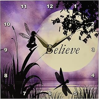 3dRose dpp_35696_1 Believe Fairy with Dragonflies with Moon and Purple Sky Wall Clock, 10 by 10-Inch